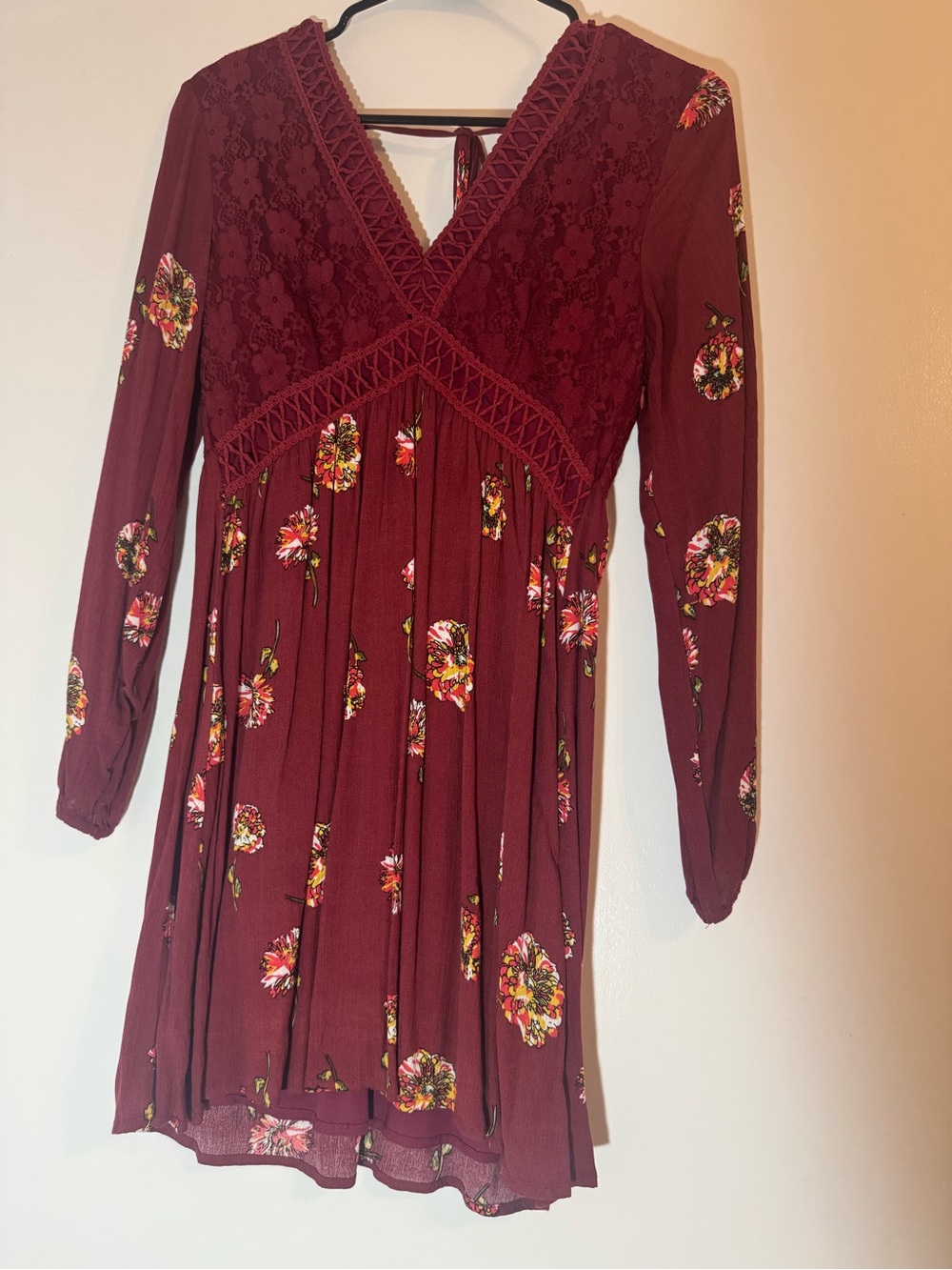 Altar'd State Maroon Floral Lace-Trim V-Neck Dress